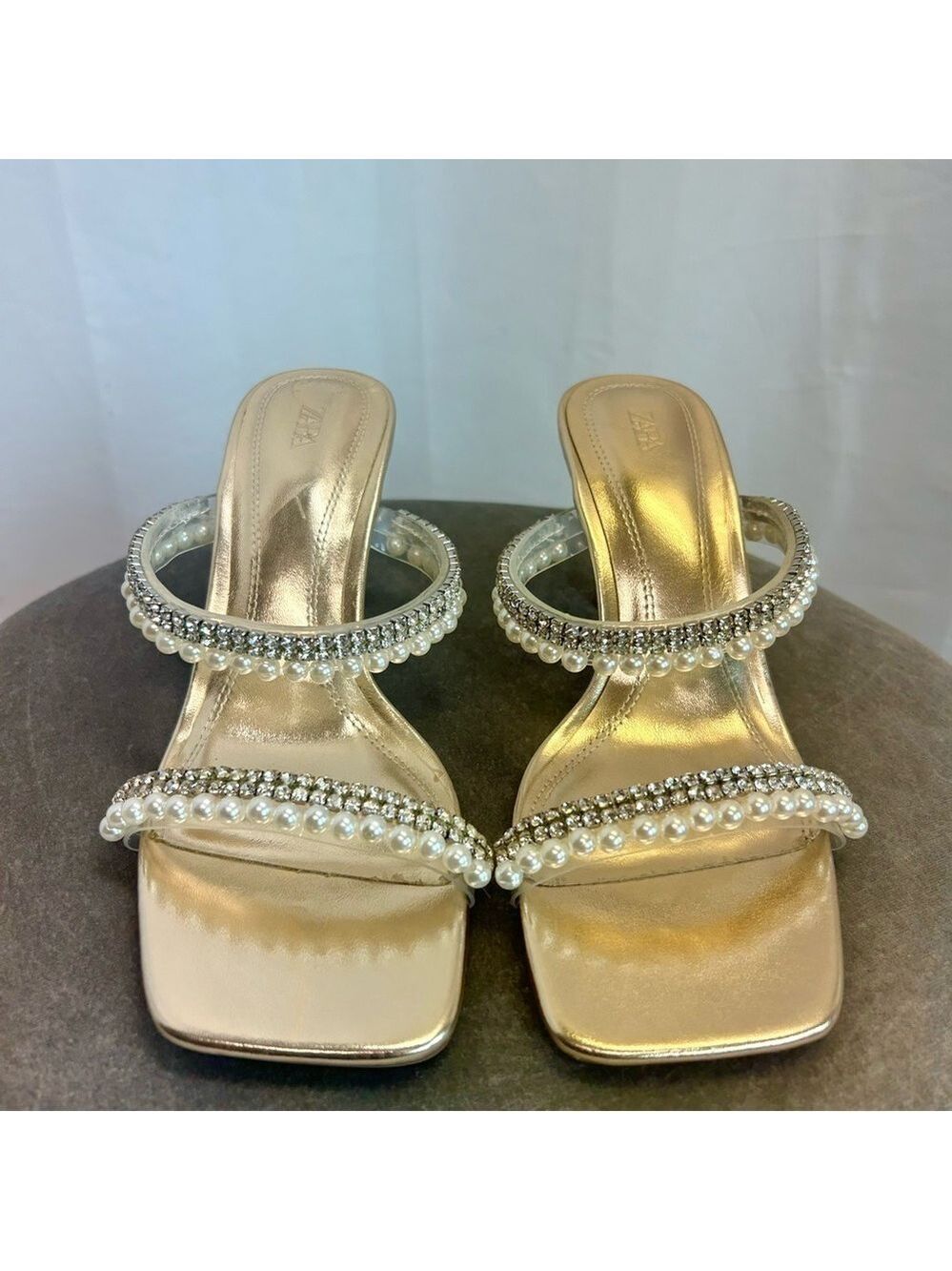 Zara metallic gold Open toe high heel mule sandal rhinestones and pearls 37 NWOB - Picture 5 of 10